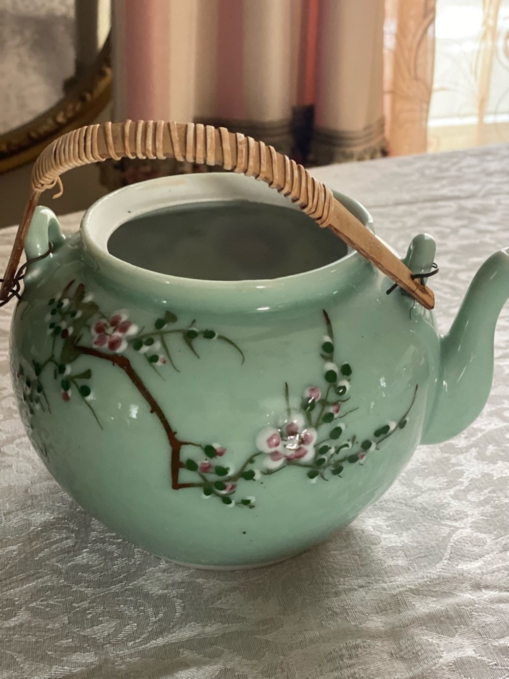 Celadon Green Floral Porcelain Teapot with Bamboo Handle